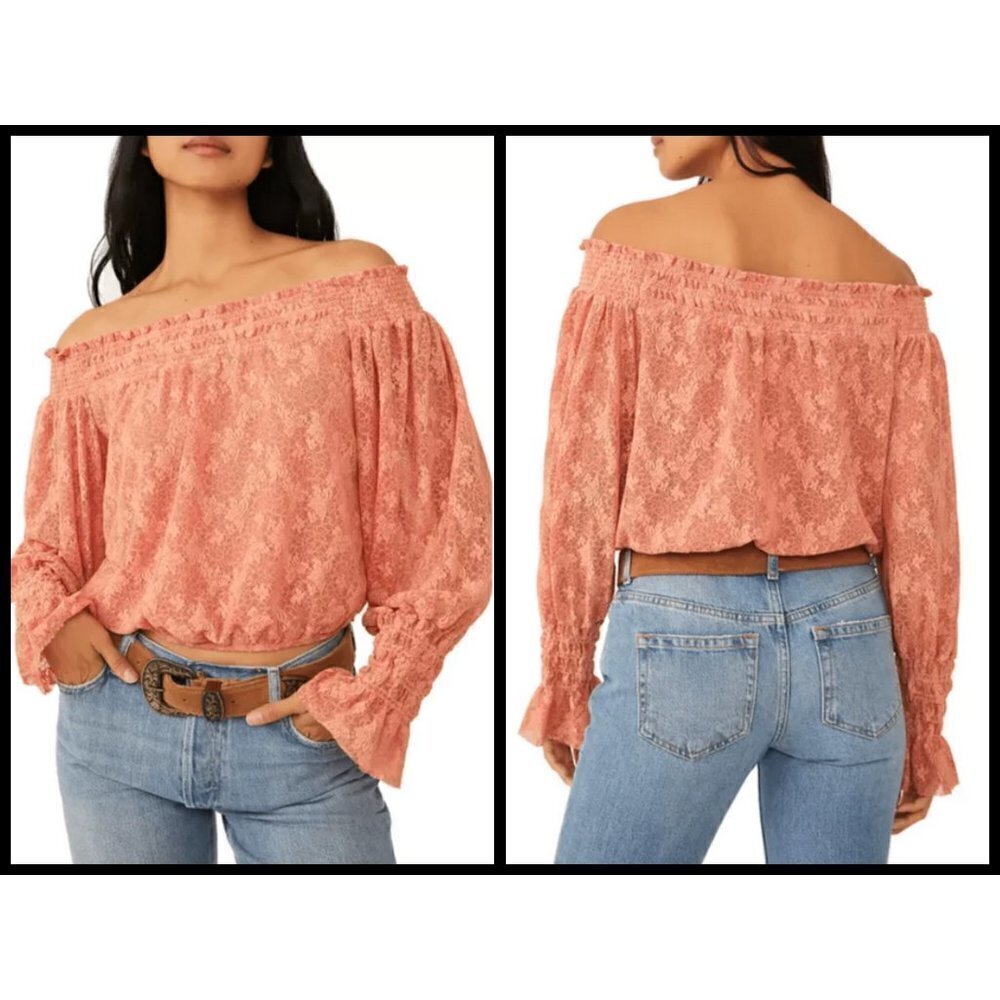 💕FREE PEOPLE💕 Emily Lace Off the Shoulder Top ~ Savannah Red Small S NWT